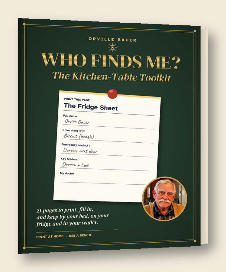 Toolkit cover: The Kitchen-Table Toolkit. A filled-in Fridge Sheet held by a red magnet on green, with Orville's round photo.