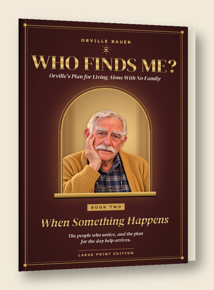 Book Two cover: Who Finds Me? When Something Happens. Gold title on deep red, a worried Orville at a lamp-lit window.